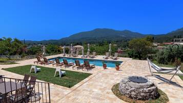 Seasonal outdoor pool, pool umbrellas, sun loungers