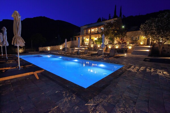 Seasonal outdoor pool, pool umbrellas, pool loungers