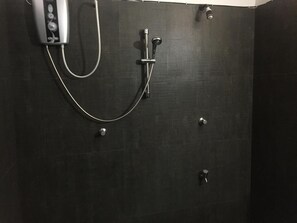 Shower, free toiletries, bidet, towels