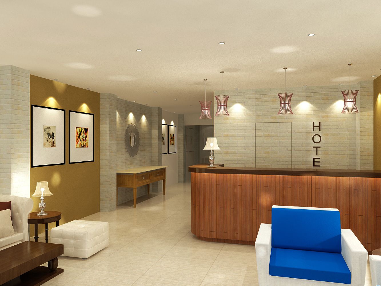 A hotel reception area with a wooden reception desk, a blue chair, a white sofa, and framed artwork on the walls.