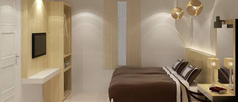 A modern bedroom with a bed, bedside table, and built-in TV.