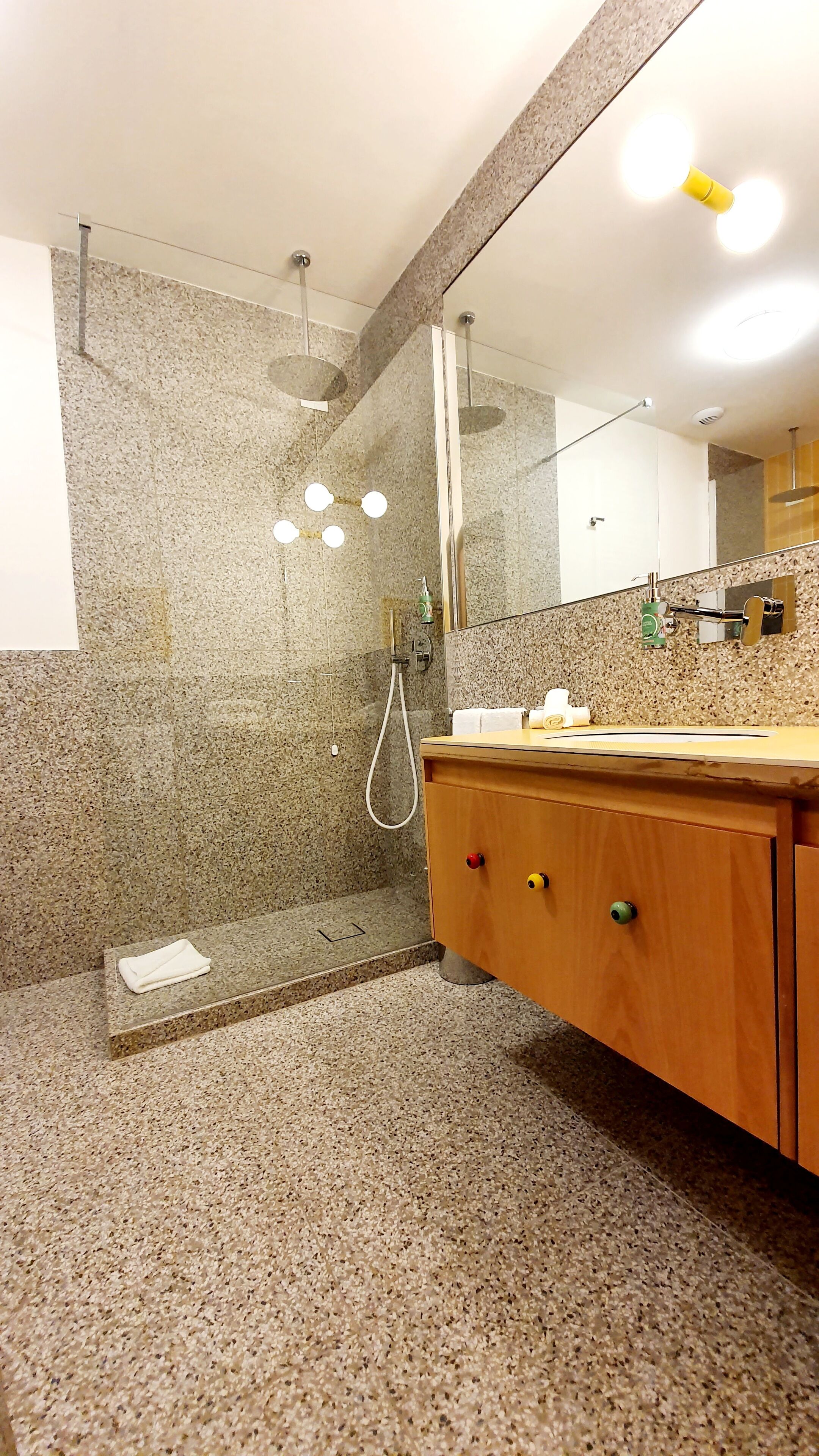 Une salle de bain moderne avec une douche en granit, un meuble-lavabo en bois et un grand miroir.