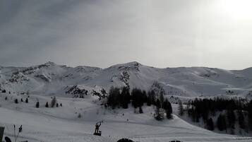 Eine verschneite Berglandschaft mit Skipisten und Bäumen.