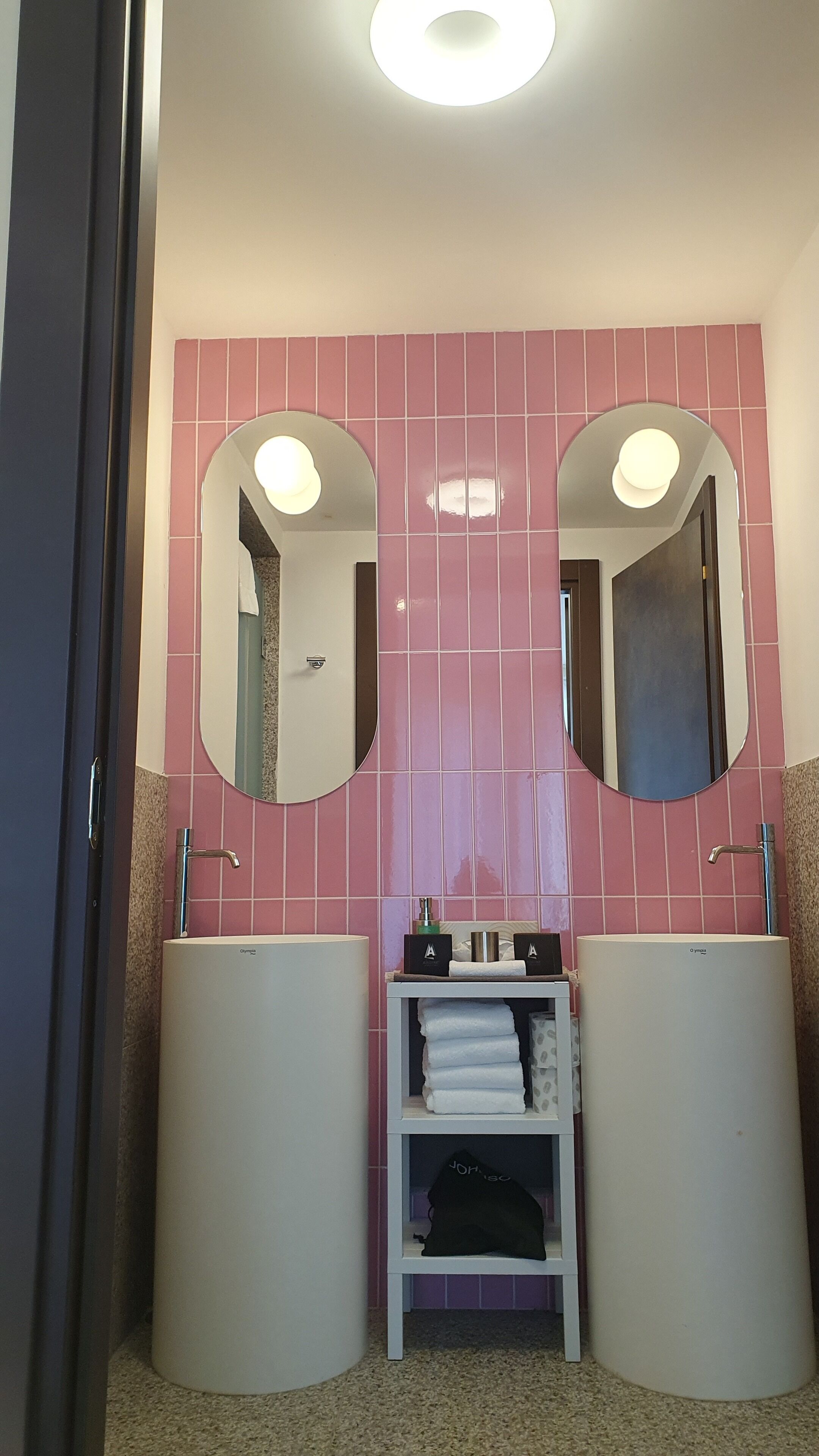 A bathroom with two sinks, a mirror, and a towel rack.