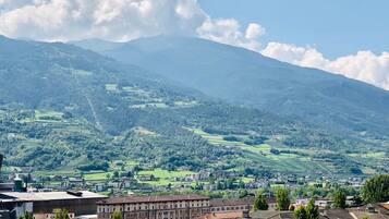 Une ville avec des bâtiments et une montagne en arrière-plan.