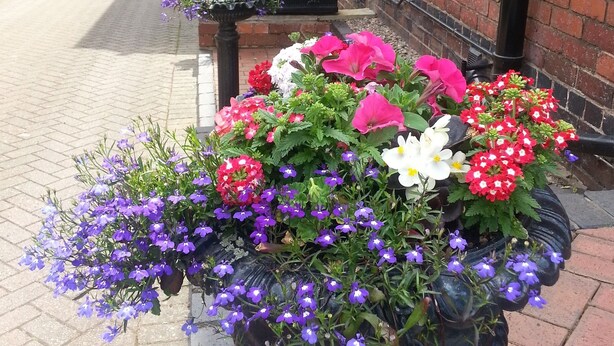 A brick building with a paved walkway and flower planters. - Bewdley Hill House (Kidderminster)