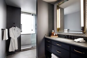 Designer toiletries, hair dryer, bathrobes, towels