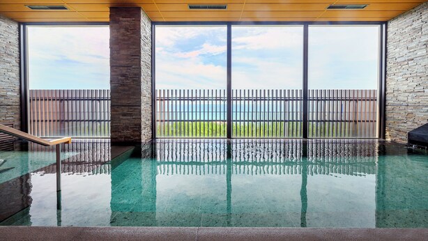 Una piscina interior con paredes de vidrio transparente, techo de madera y vistas a una valla y follaje en el exterior.