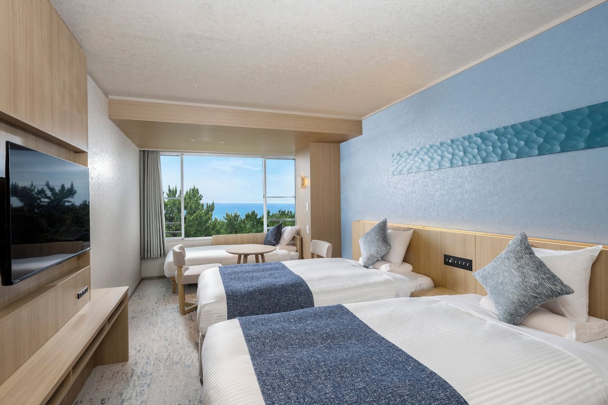 Habitación de hotel con dos camas, televisión, una mesita y vistas al exterior.