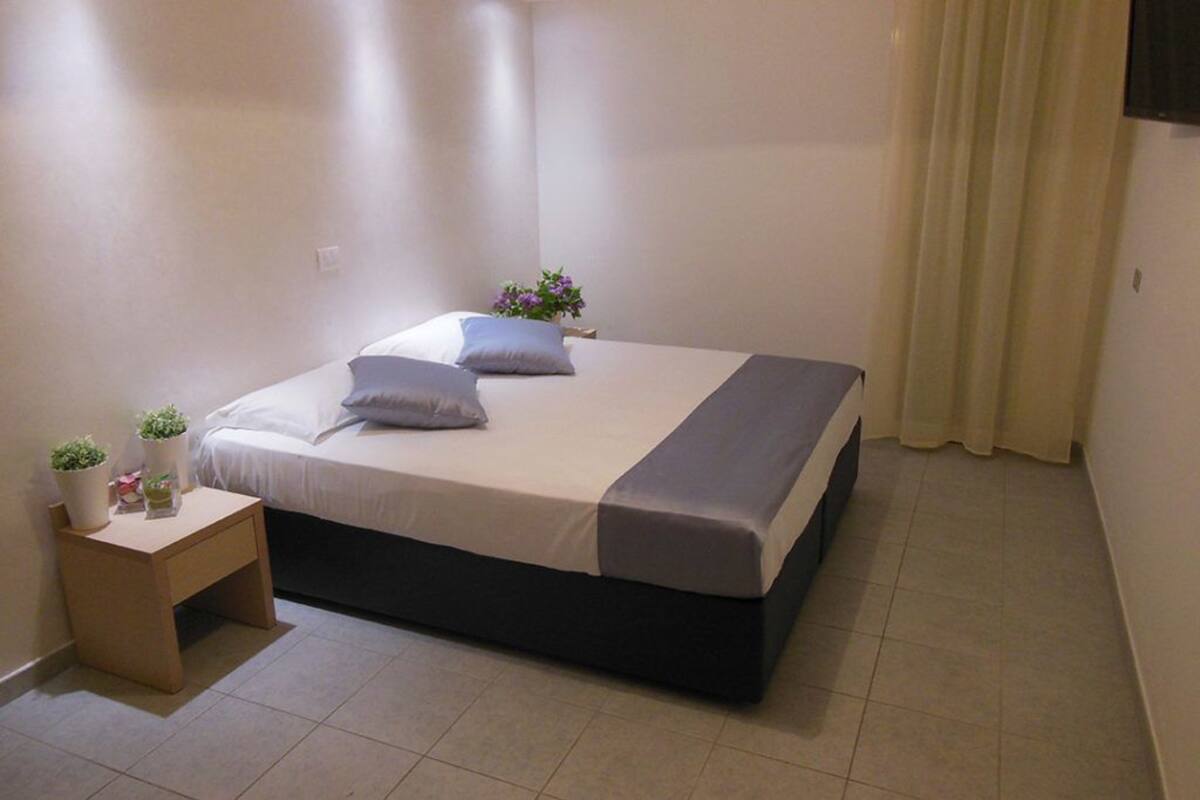 A bedroom with a bed, pillows, a bedside table with a plant, and a curtain.