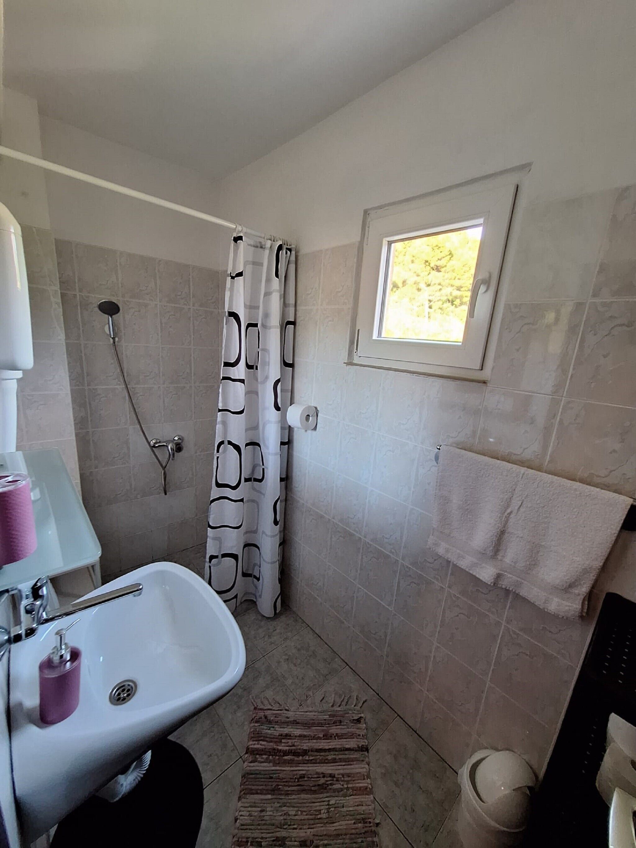 Chuveiro, secador de cabelo, toalhas de banho 