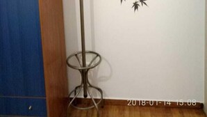 A room with a tall, metal floor lamp with a curved base and a wall-mounted artwork of stylized leaves. - Modern ideally located studio apartment (Athens)