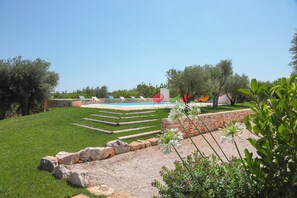 Seasonal outdoor pool, pool umbrellas, pool loungers