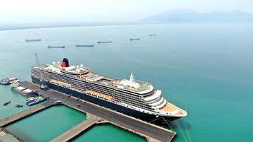 A large cruise ship docked at a port with multiple smaller boats nearby.