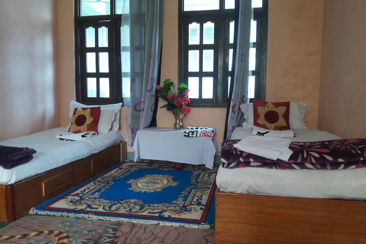 Una habitación con dos camas individuales, una mesita con un florero y una alfombra azul estampada.