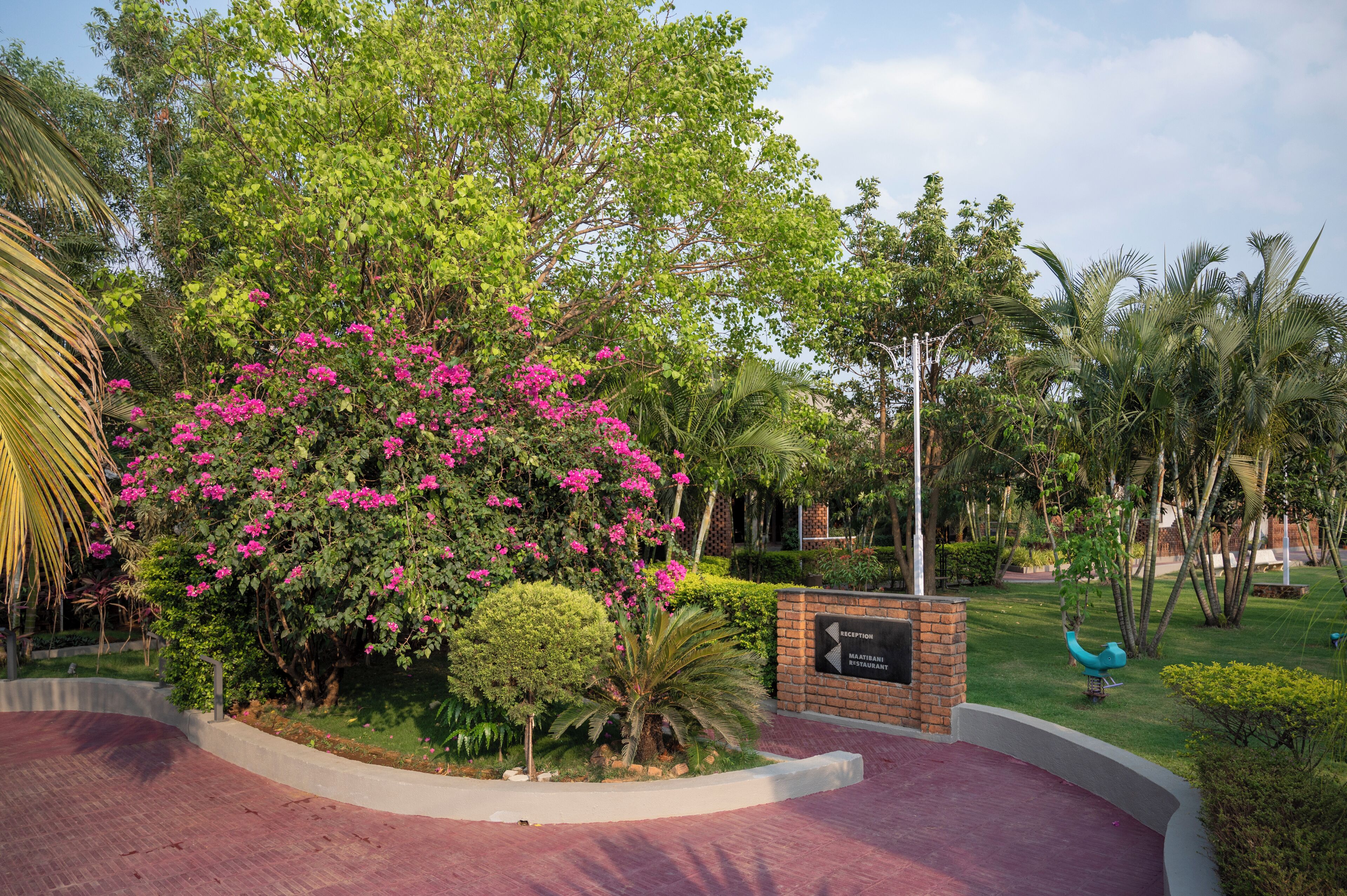 Zona ajardinada con un letrero de recepción, palmeras y arbustos florecientes.