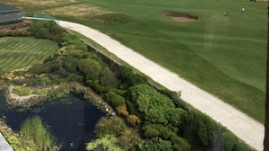 Un campo de golf con un cuerpo de agua, un sendero y edificios a lo lejos.