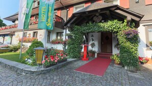 A hotel entrance with a red carpet, potted plants, and flags. - Hotel Garni Silberdistel (Hinterzarten)