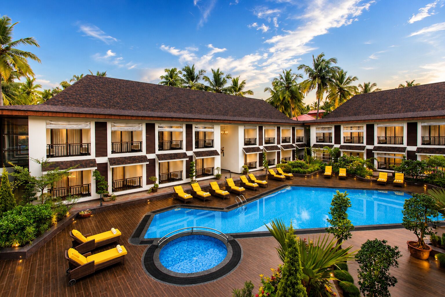 Outdoor pool, pool umbrellas, sun loungers