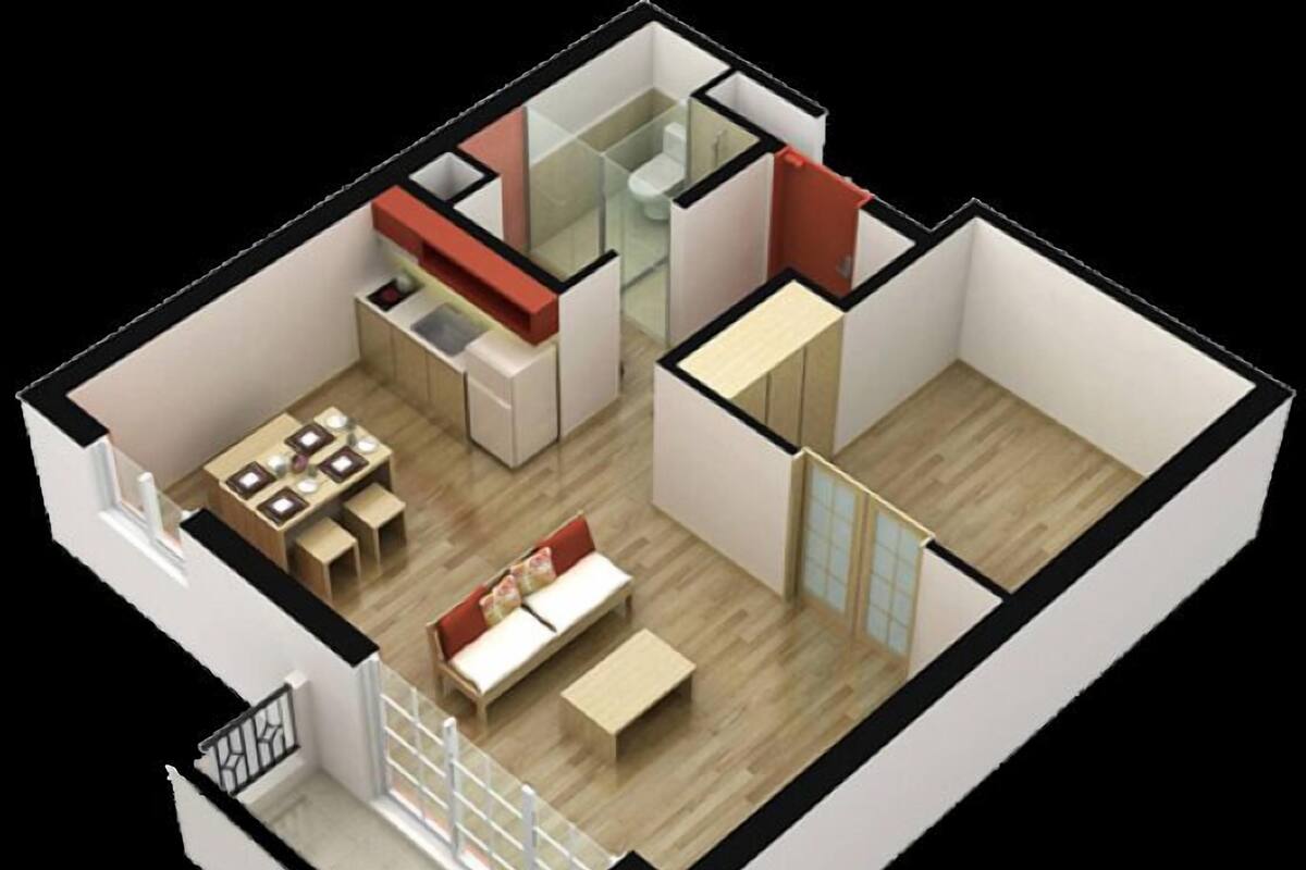 Een driedimensionale plattegrond van een modern appartement met een woonkamer, keuken, eethoek en een balkon.