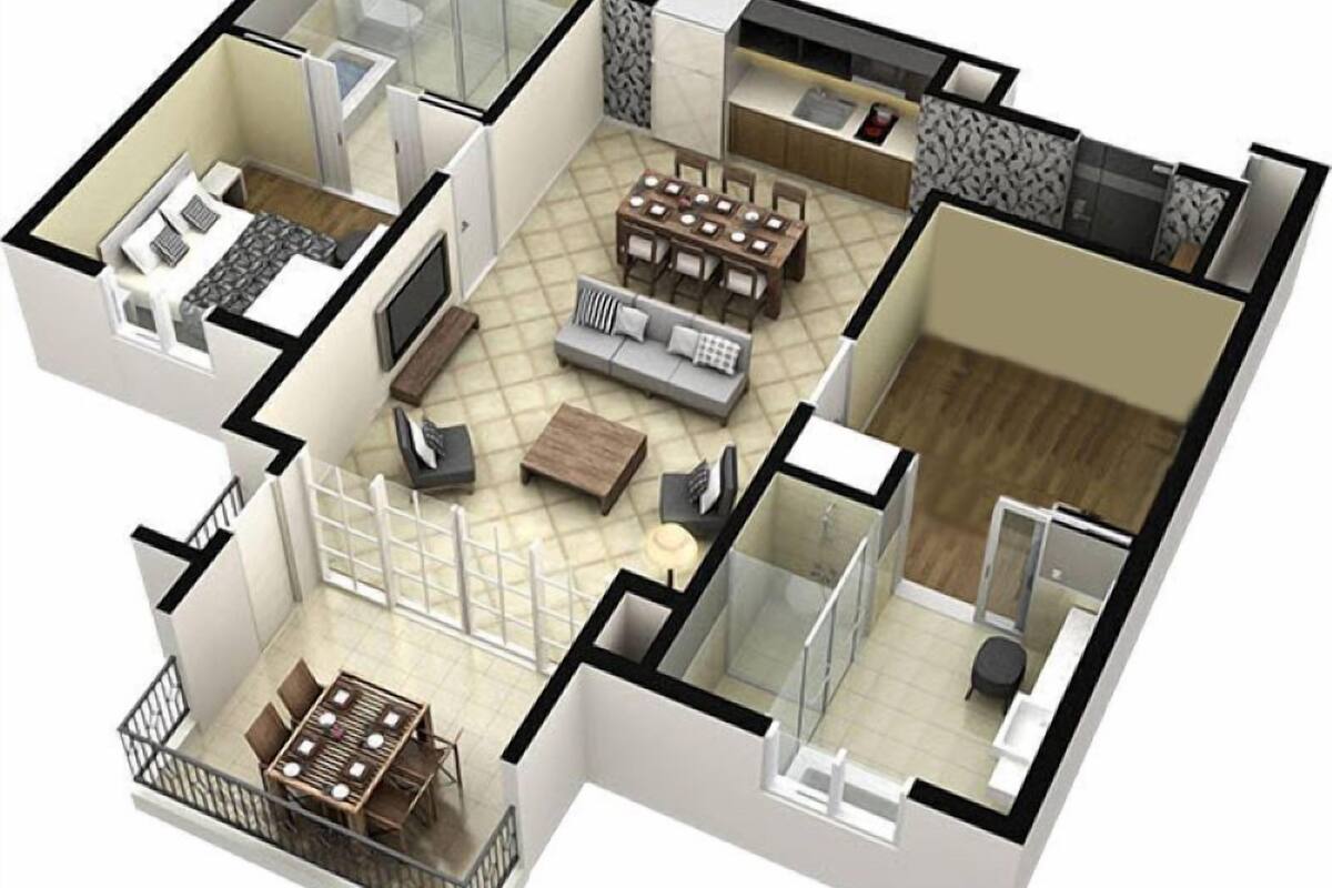 Een 3D-plattegrond van een modern appartement met woonkamer, keuken, eethoek en balkon.