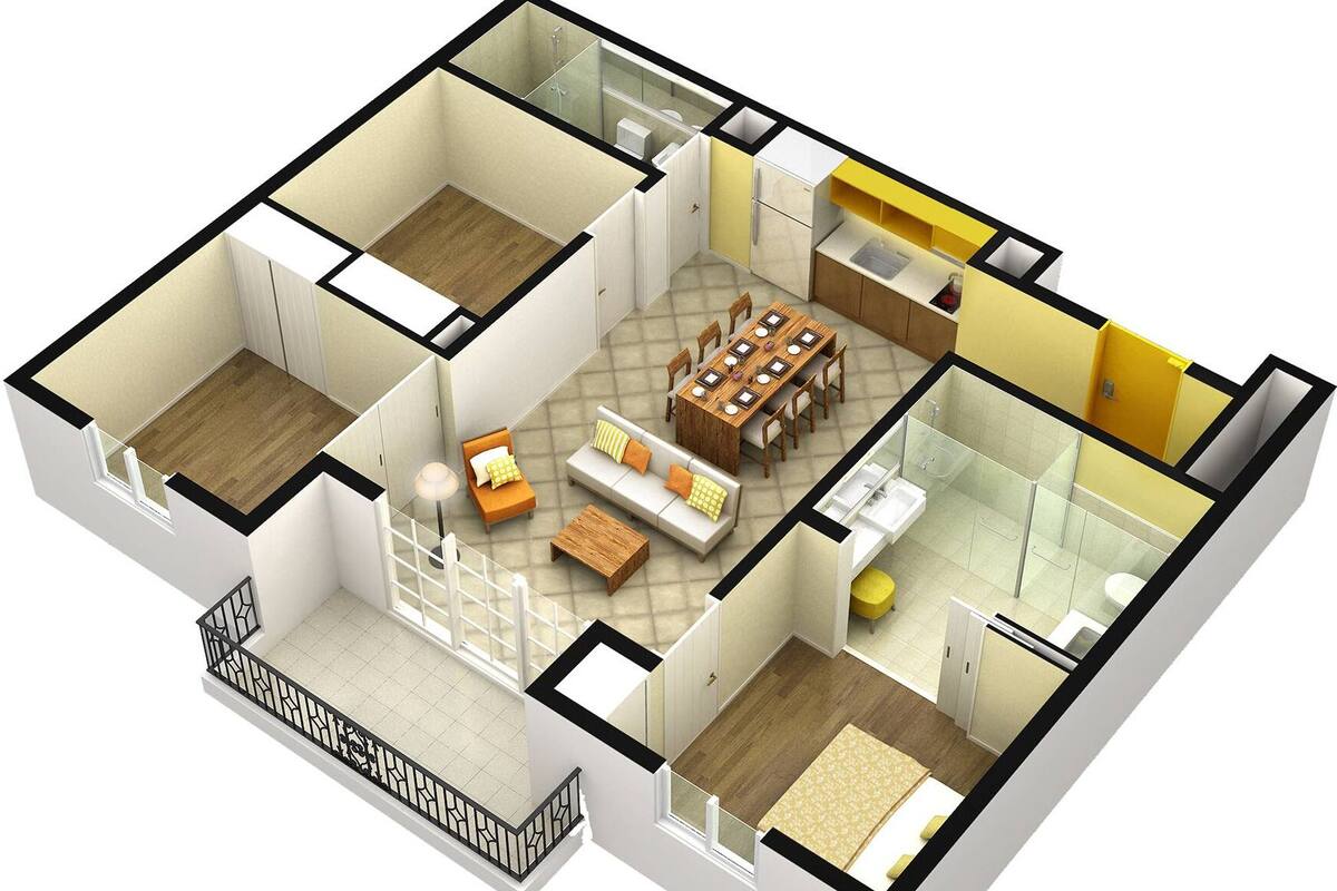 Een 3D-plattegrond van een modern appartement met een woonkamer, eetgedeelte, keuken, twee slaapkamers en een badkamer.