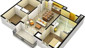 Un plan d’étage en 3D d’un appartement moderne comprenant un salon, un coin repas, une cuisine, deux chambres et une salle de bain.