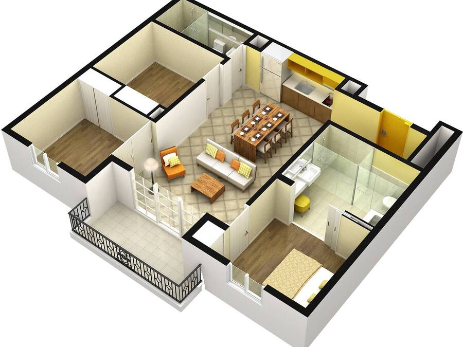 Un plan d’étage en 3D d’un appartement moderne comprenant un salon, un coin repas, une cuisine, deux chambres et une salle de bain.