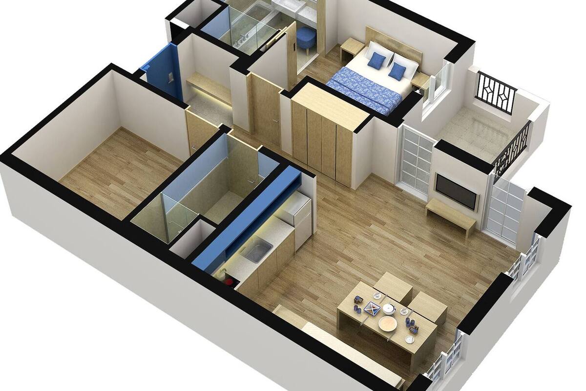 Een 3D-plattegrond van een modern appartement met een keuken, een eetgedeelte, een woonkamer en een slaapkamer met balkon.