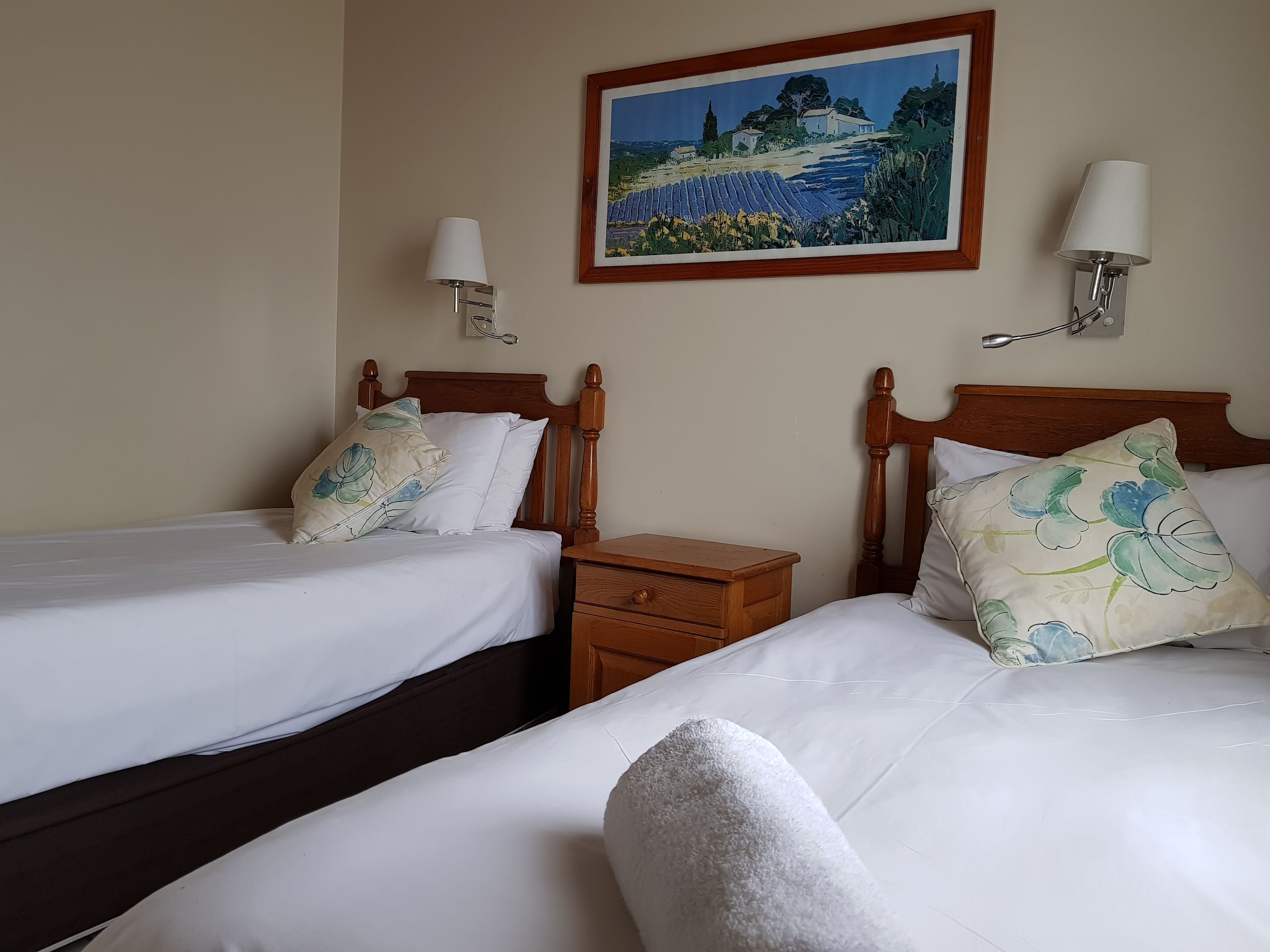 Une chambre d’hôtel avec deux lits, chacun agrémenté de draps blancs et d’oreillers à motifs floraux. Une table de chevet en bois se trouve entre les deux lits, et un tableau représentant un paysage est accroché au mur.