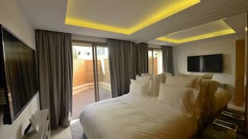 Premium bedding, blackout drapes, bed sheets