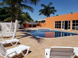 Un espace piscine aménagé avec des chaises longues, une piscine et des palmiers.