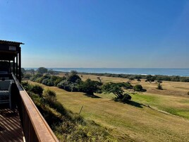 Vista desde un balcón sobre un paisaje con césped, árboles y una playa.
