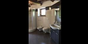 A bathroom with a shower, toilet, bidet, and sink.