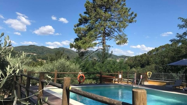 A pool surrounded by wooden fencing, with a lifebuoy attached to the fence.