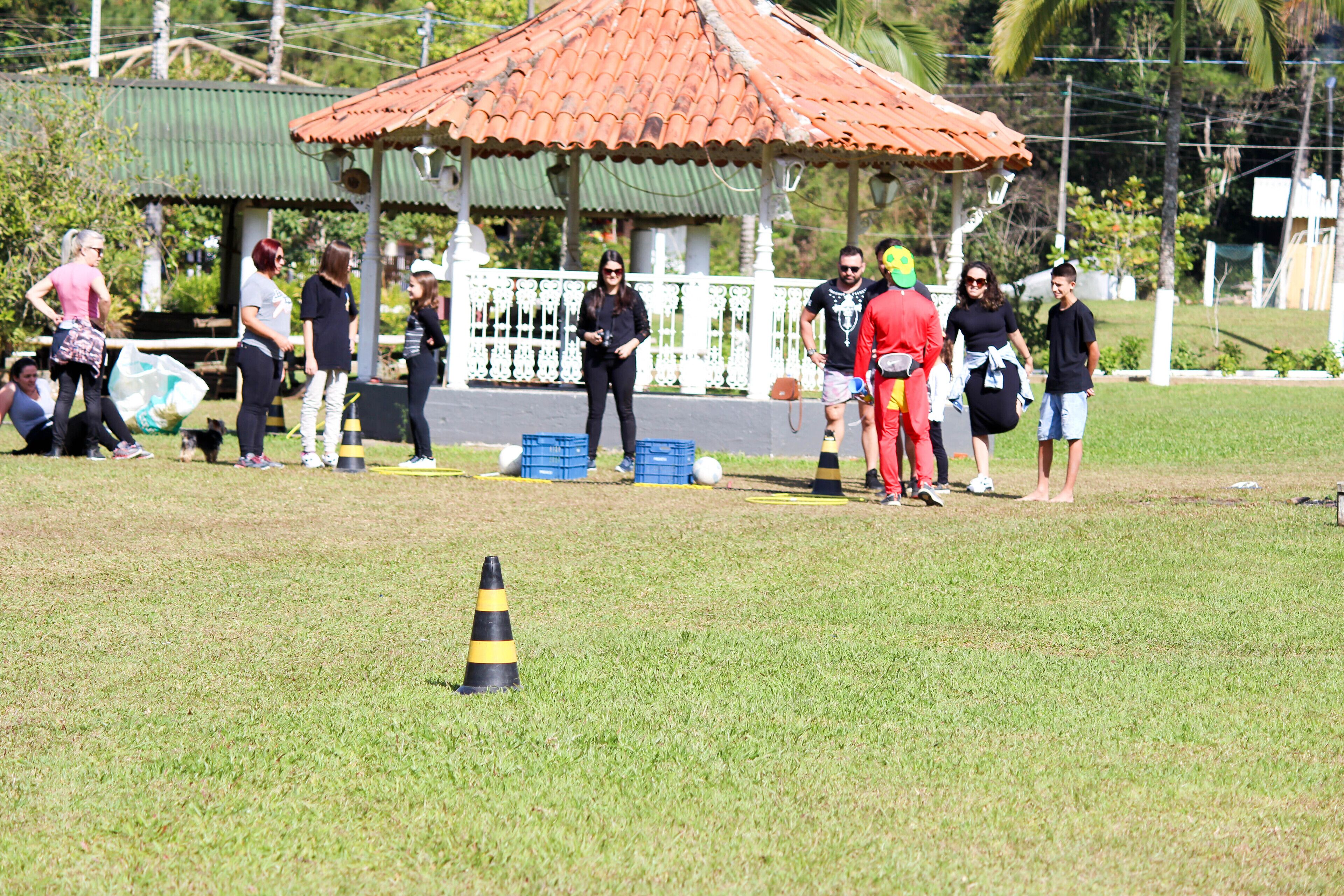 A group of people gathered around a gazebo in a grassy area with a small black and yellow cone in the foreground.