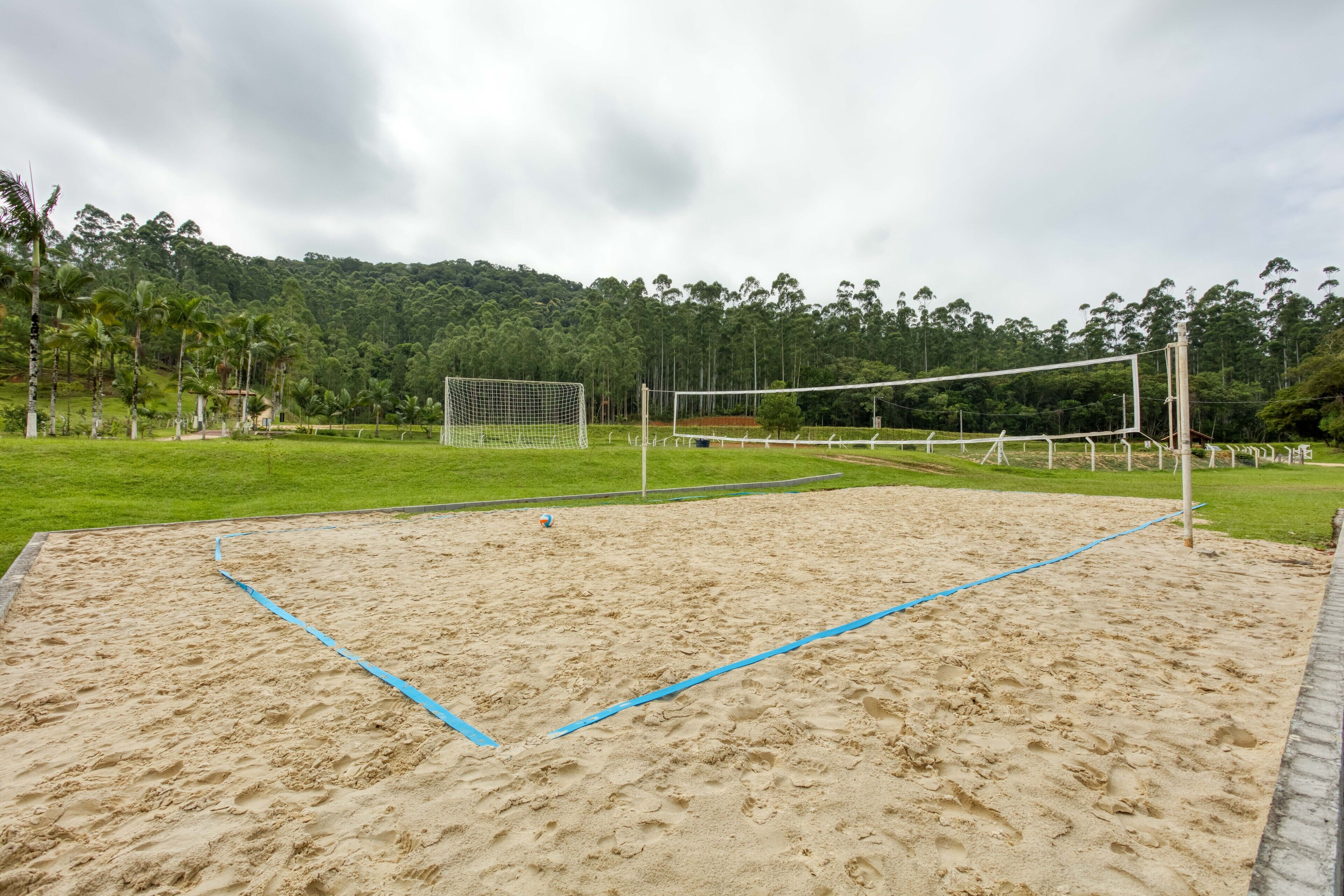 Ein Beachvolleyballfeld mit Netz, umgeben von Sand und Grün.
