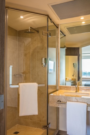 Shower, eco-friendly toiletries, hair dryer, towels