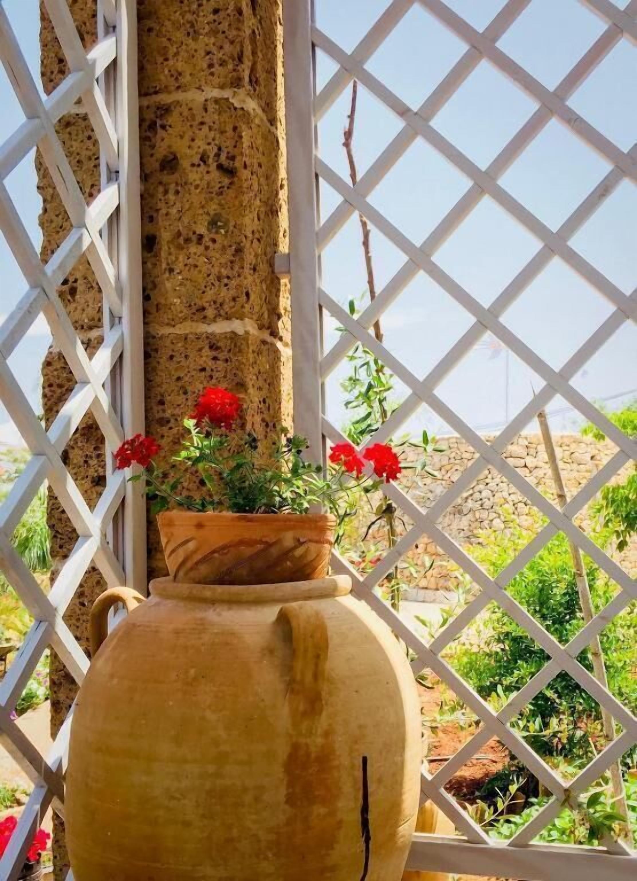 A rustic outdoor setting with a large clay pot and a potted plant on a white lattice structure.