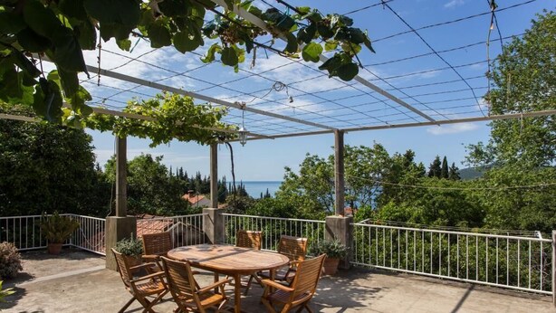 A covered outdoor patio with a round wooden table and chairs, surrounded by potted plants and a white metal railing.