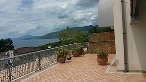 Un balcon agrémenté de plantes en pot, une vue sur la mer et un paysage montagneux en arrière-plan.