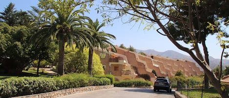 A road leading to a hillside building with a stone wall and greenery.