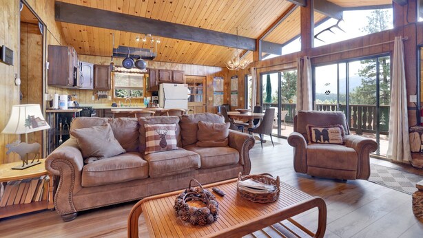 Un interior de cabaña espacioso, con techo de madera, una sala de estar acogedora con sofá y sillones, una mesa de comedor y una zona de cocina.