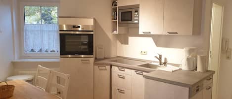 Frigorífico, microondas, horno y placa de cocina