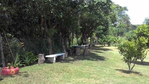 A grassy outdoor area with trees, a bench, and a small table. - Pousada Dedo de Deus (Paraisopolis)