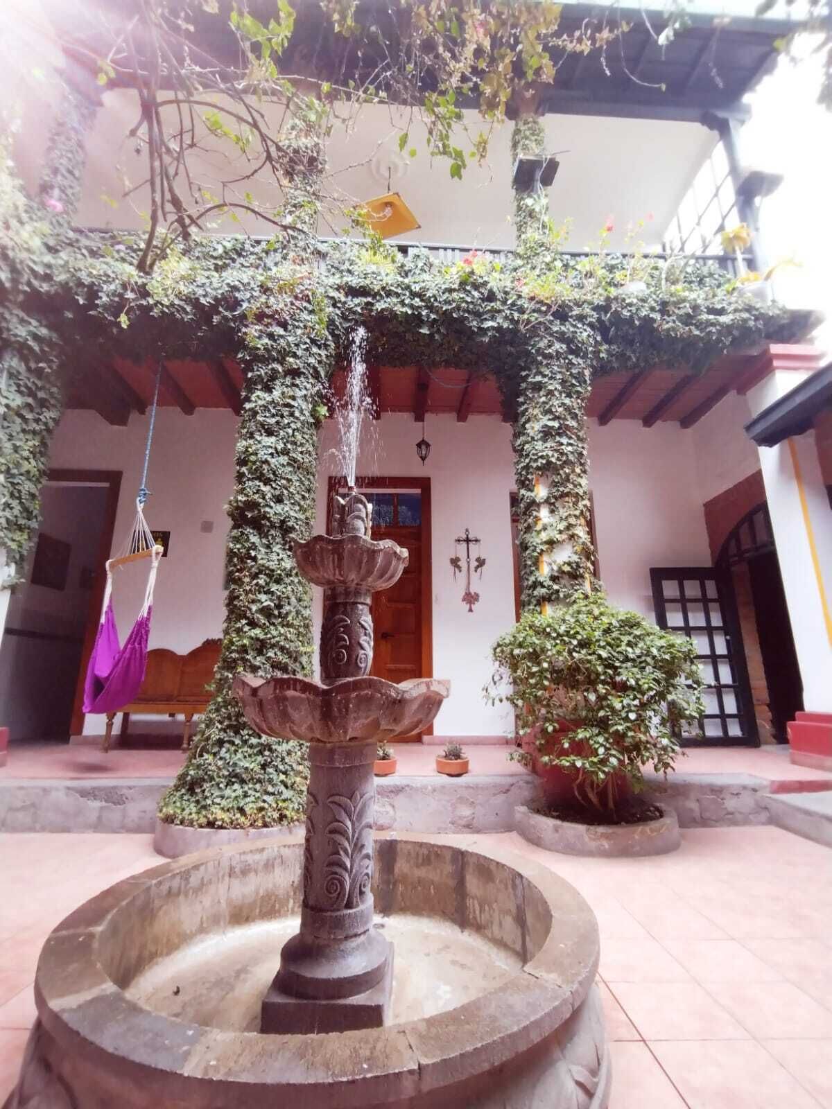 A courtyard with a central fountain, surrounded by potted plants and a hanging chair.