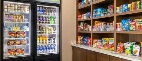 Two refrigerated display cases labeled "Bright Side Market" with various food and drink items.