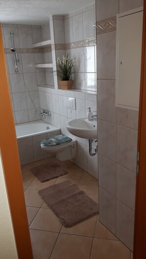 Ensemble baignoire-douche, séchoir à cheveux, serviettes fournies