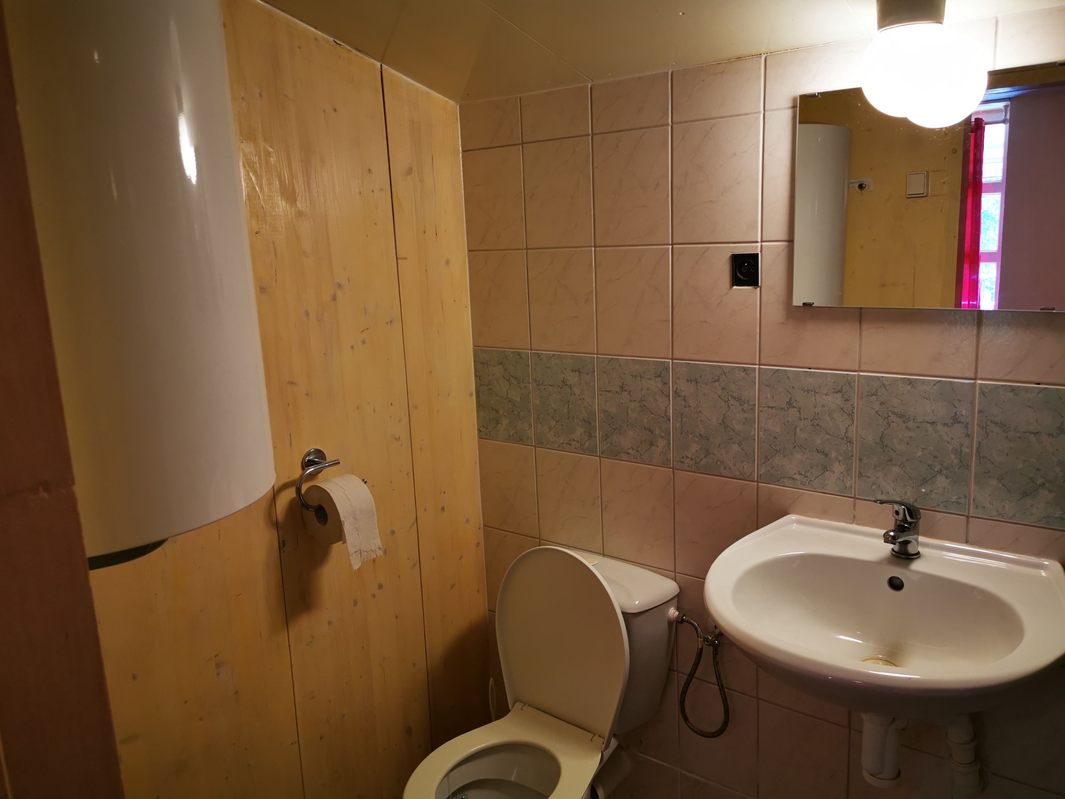 A bathroom with a toilet, sink, and wooden walls.