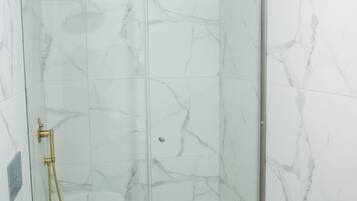 Shower, hair dryer, bidet, towels